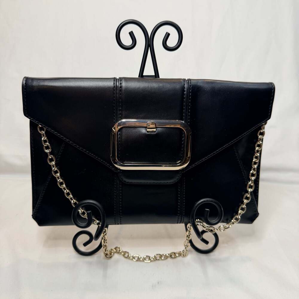 Banana Republic Black Cow Leather Envelope Clutch Shoulder/Hand Bag, Chain Strap